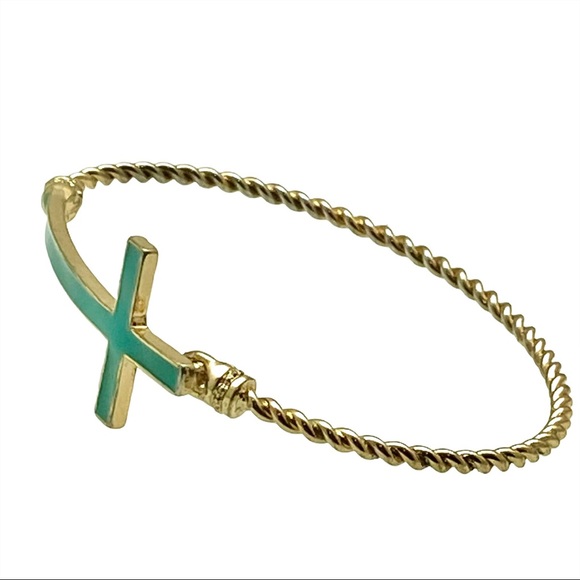 Vintage hinged bangle bracelet horizontal sideways cross gold tone green enamel - Picture 2 of 5